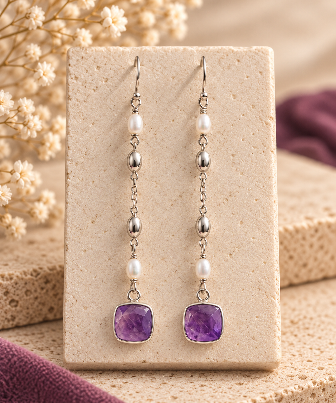 Pearl Inlay Textured Square Drops