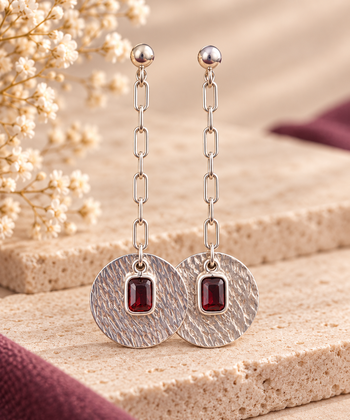 Garnet Hammered Bar Drops